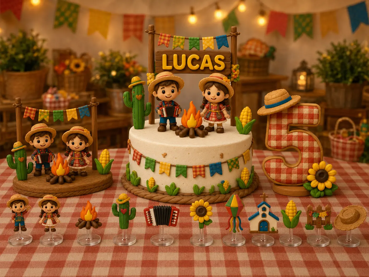 Festa Junina montada com bolo, nome, número, centro de mesa e mini toppers